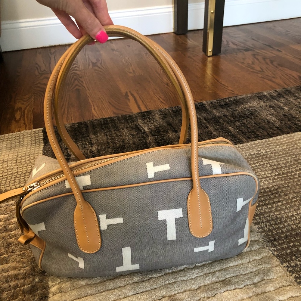 Tod’s Grey Canvas Bag with White T Logo & Tan Trim